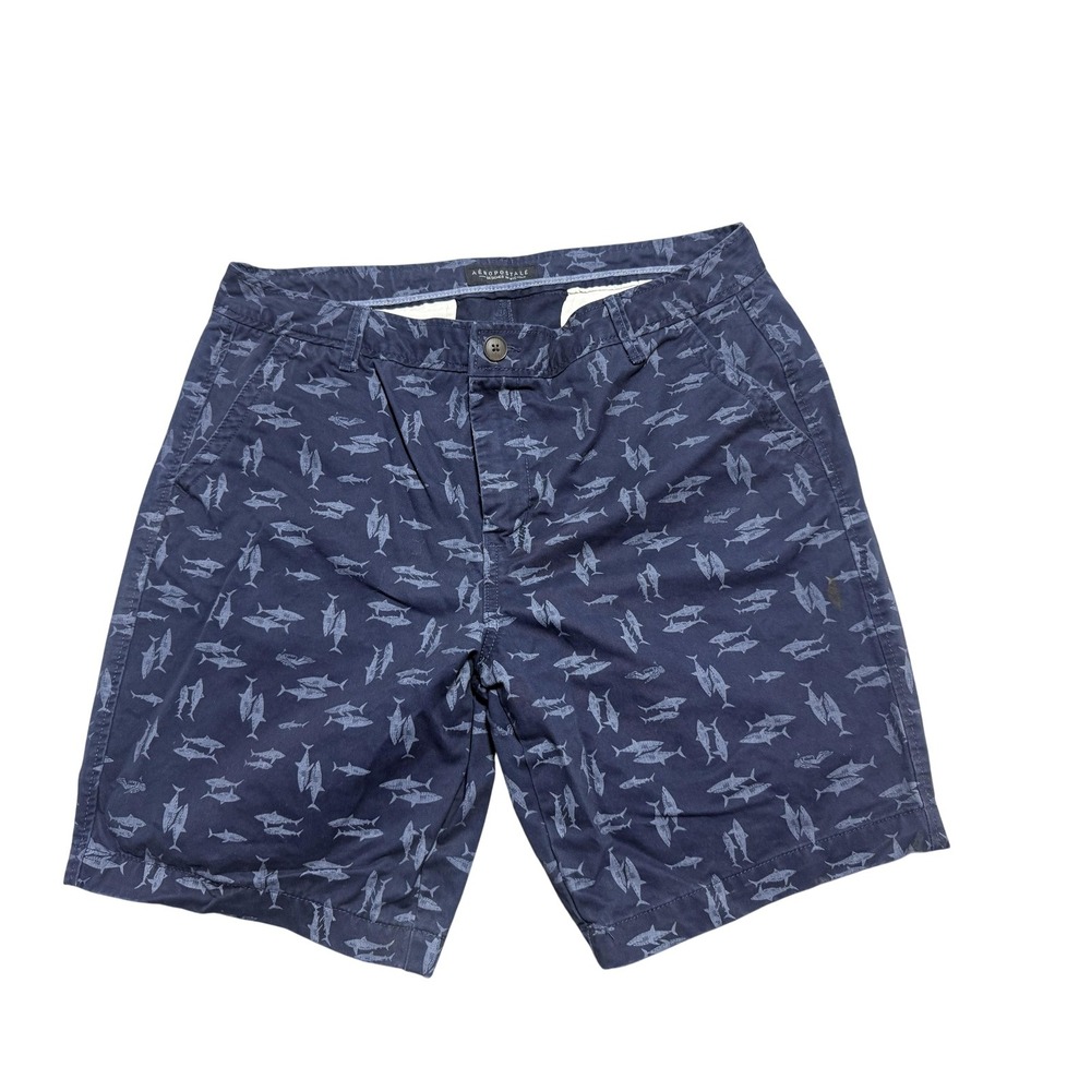 Aeropostale Chino Shorts Mens 35 Blue Shark Print Casual Nautical Beach Summer